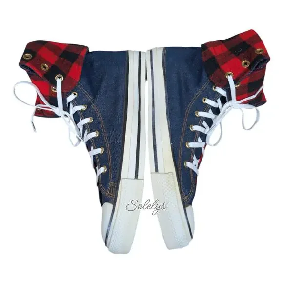 Converse 1987 Vtg NeeHi Calf High XHI USA Made Denim Fold Plaid Sneaker Mens 11 - Picture 12 of 14